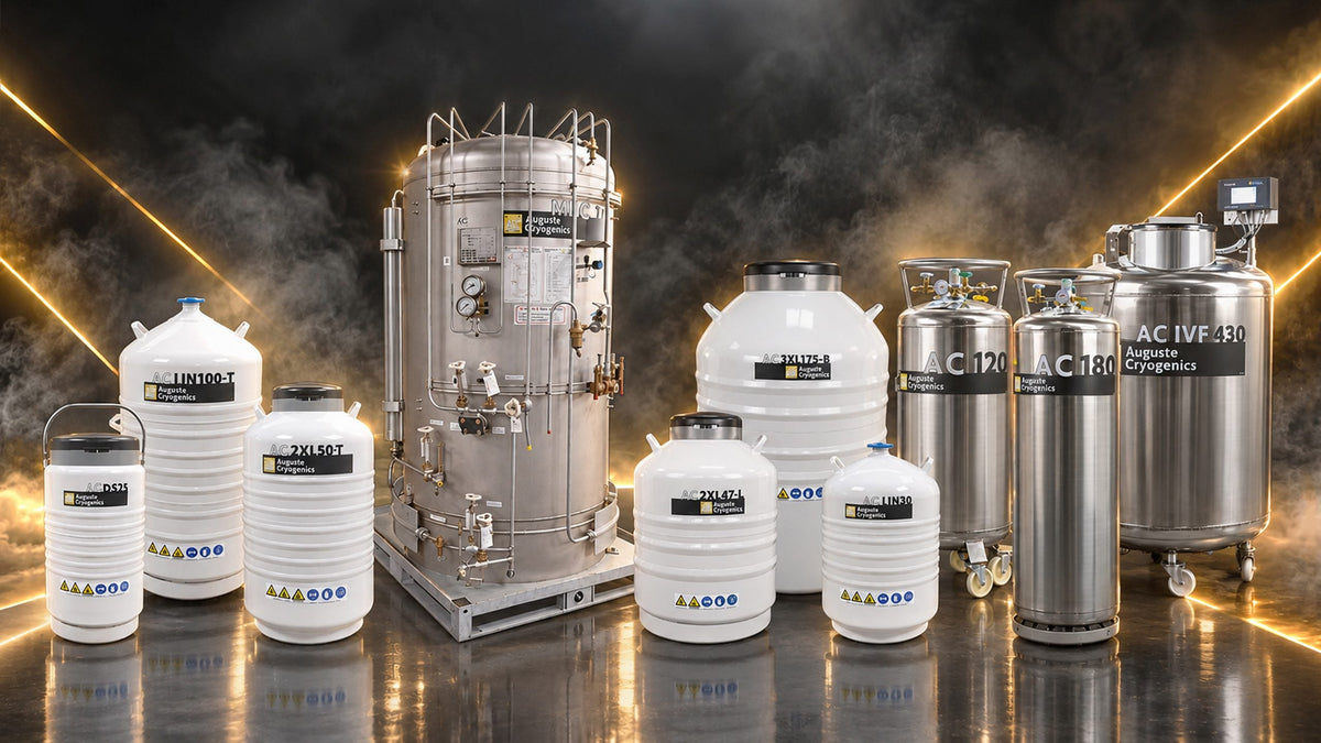Range of cryogenic containers for liquid nitrogen: storage vessels, tank, liquid cylinders and freezer
