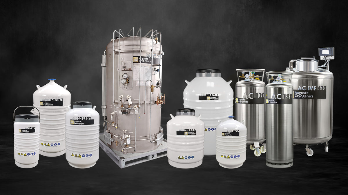 Range of cryogenic containers for liquid nitrogen: storage vessels, tank, liquid cylinders and freezer