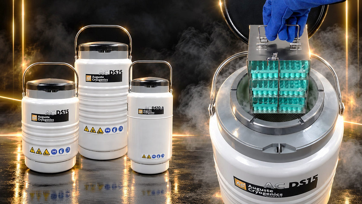 Storage dewars AC DS15, AC DS25 and AC DS10-B; a square rack with cryoboxes is lifted out of an AC DS15