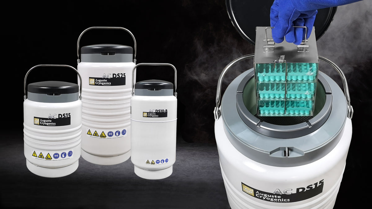 Storage dewars AC DS15, AC DS25 and AC DS10-B; a square rack with cryoboxes is lifted out of an AC DS15