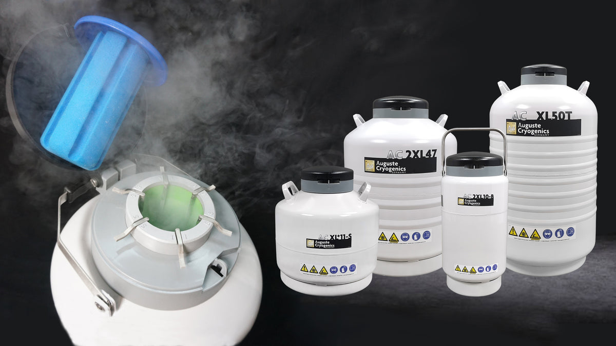 Canister lifted out of a storage dewar in liquid nitrogen vapour, next to dewars AC 2XL47 and AC XL50T