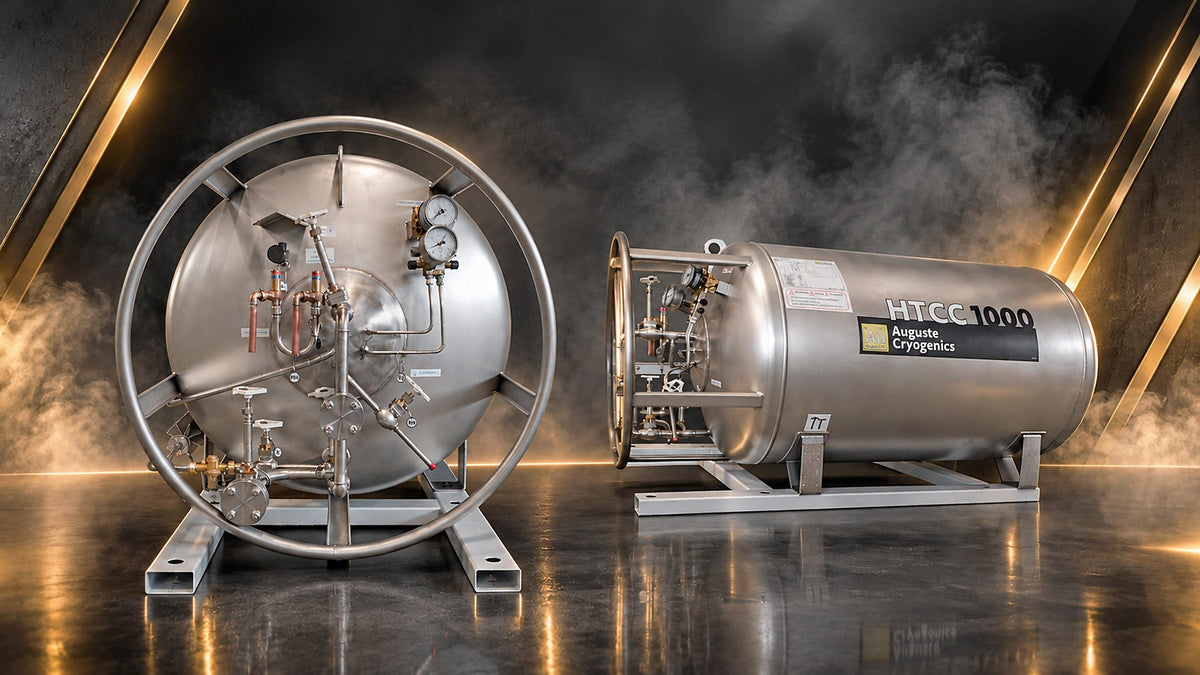 HTCC 1000 horizontal liquid nitrogen tank on a skid frame, with an end view of the valves and pressure gauges