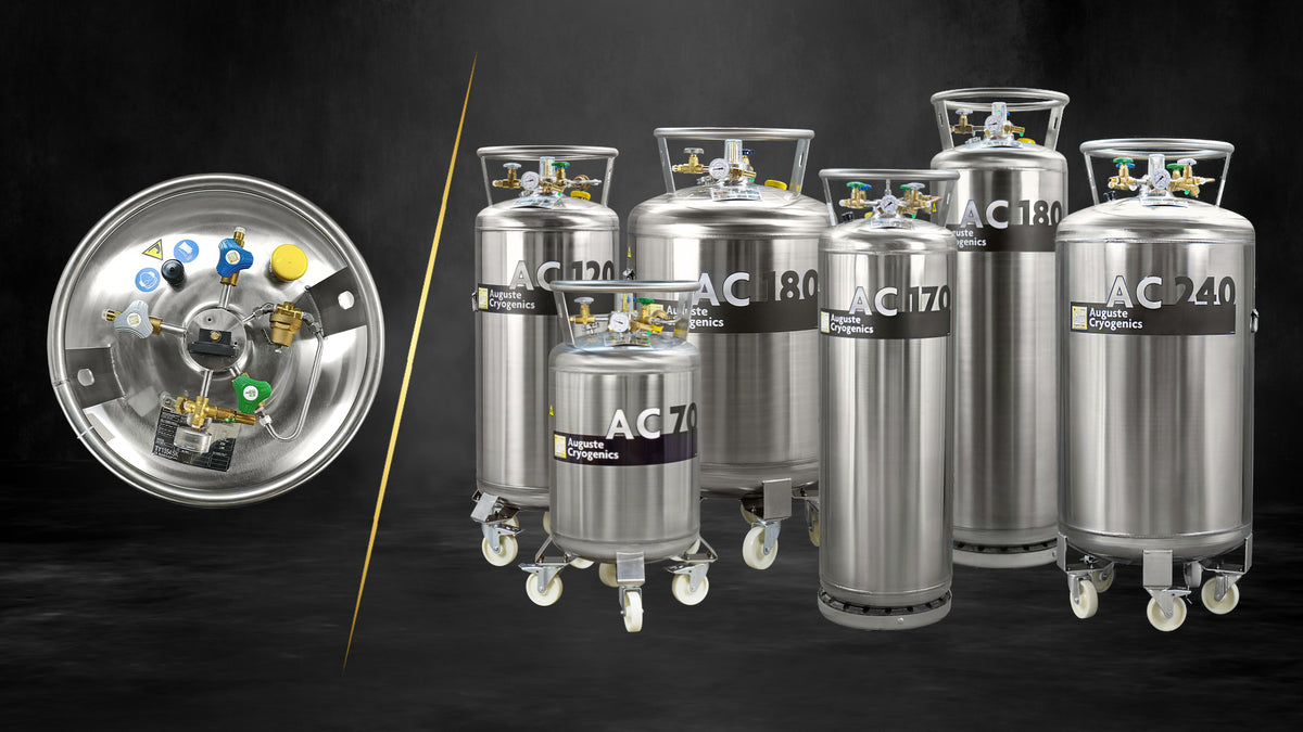Liquid cylinders AC 70 to AC 240 for liquid nitrogen supply, with a top view of the valve fittings