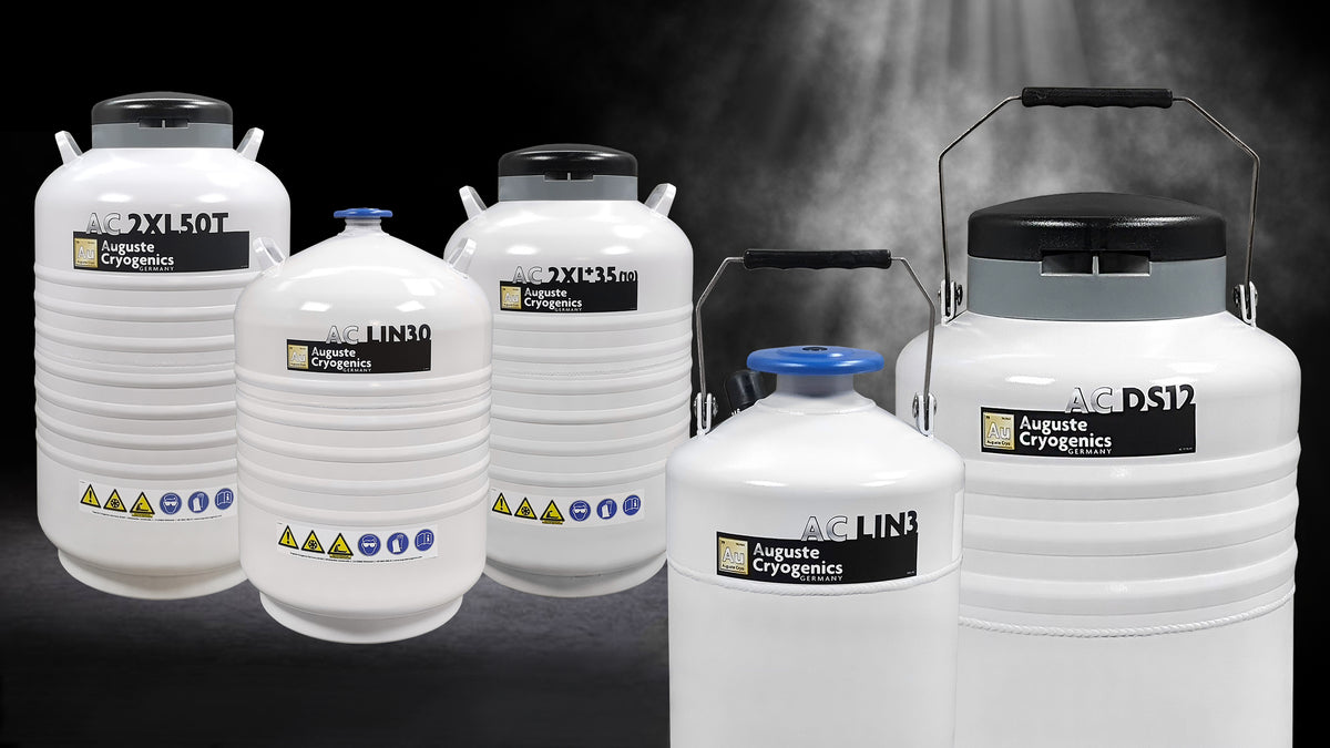 Storage dewars AC 2XL50T, AC LIN30, AC 2XL35, AC LIN3 and AC DS12 for samples and liquid nitrogen